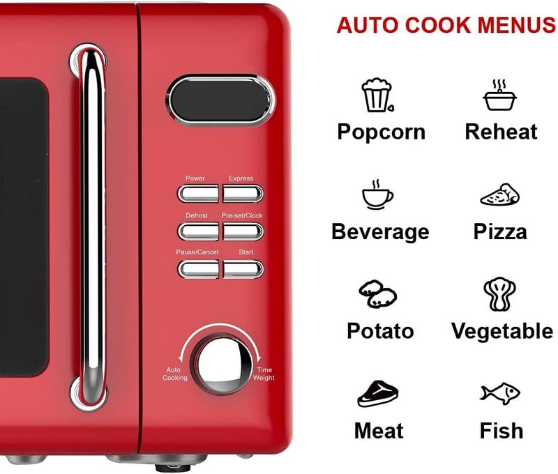 Emerson MWR7020RD Retro Compact Countertop Microwave Oven with Button Control, LED Display, 700W 5 Power Levels, 8 Auto Menus, Glass Turntable and Child Safe Lock, 0.7, Retro Red - Image 5